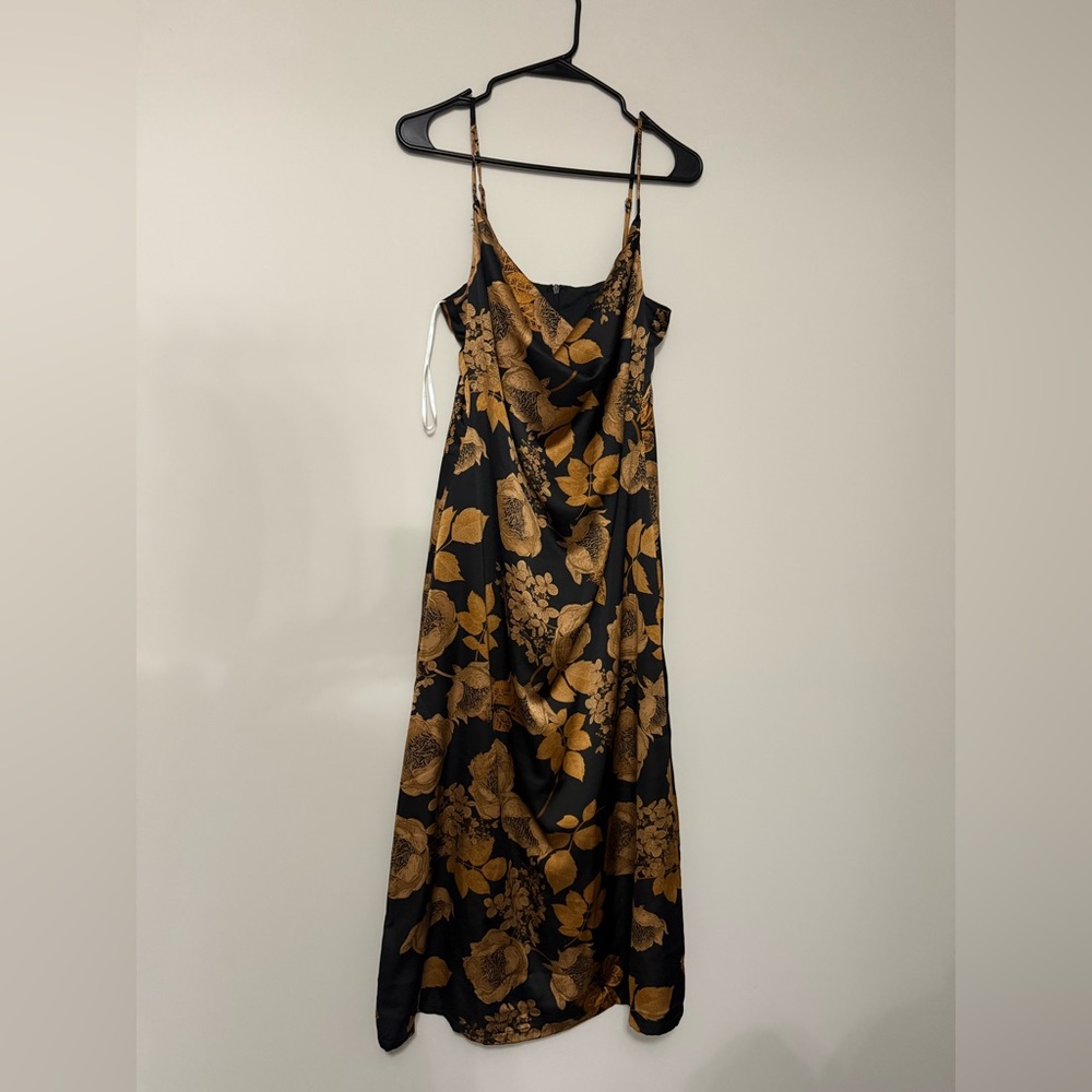 Lulu's Black Floral Satin Cowl Neck Slip Midi Dress